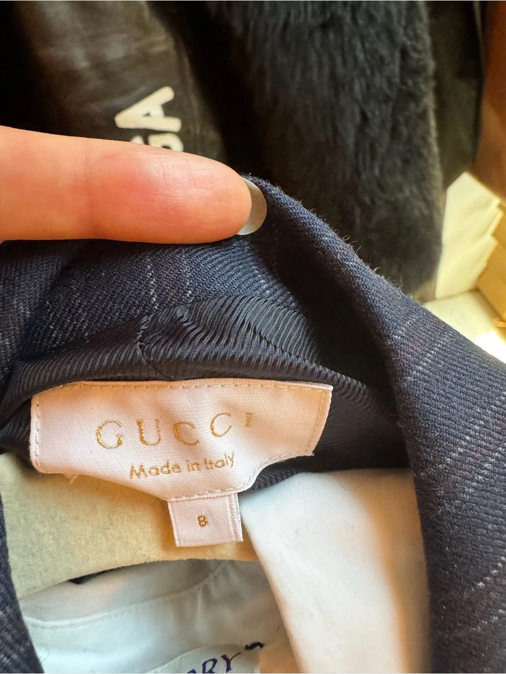 Gucci kids navy pinstripe suit set with gold logo label